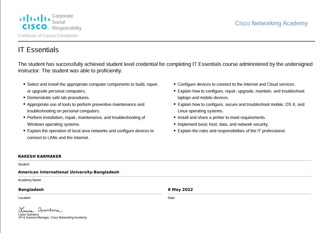 IT Essentials from Cisco Networking Academy Certificate